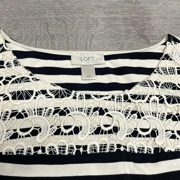 Ann Taylor Loft Petites Sleeveless Black & Ivory Striped Lace Trim Dress MP - Picture 13 of 14
